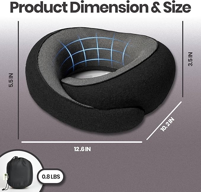 Travel Neck Pillow 100% Memory Foam, Ergonomic 360° Support Pillow for Flights, Car, Office & Train, Breathable Travel Essentials for Adults & Kids, Neck Pain Relief, (BLACK)