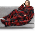 PAVILIA Fleece Blanket with Sleeves, Foot Pockets for Women Men Adults, Plush Wearable Blanket Throw Wrap, Warm Snuggle Blanket Robe, Cozy Gift Ideas Wife Mom, Plaid Red