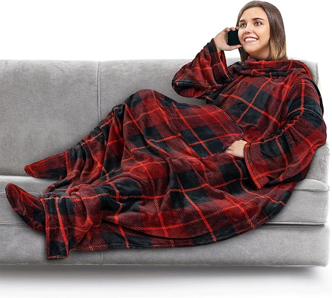 PAVILIA Fleece Blanket with Sleeves, Foot Pockets for Women Men Adults, Plush Wearable Blanket Throw Wrap, Warm Snuggle Blanket Robe, Cozy Gift Ideas Wife Mom, Plaid Red