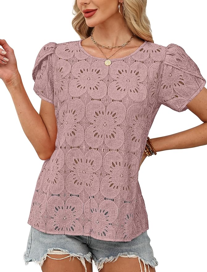 OFEEFAN Blouses for Women Dressy Casual Petal Short Sleeve Shirts Crochet Lace Boho Tops Spring Fashion Summer Outfits