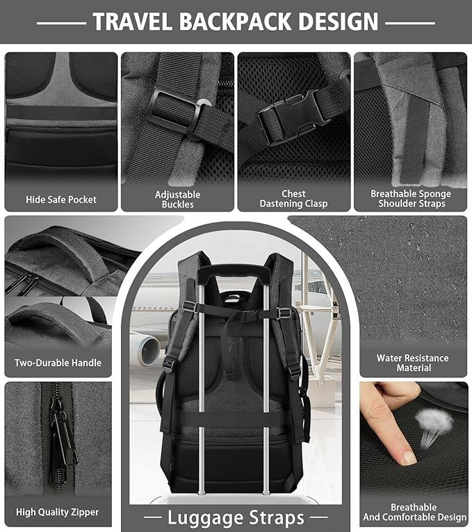 Spacious Carry On Backpack,Expandable Large 1-7DAYS Capacity Travel Backpack with USB Cable Port,Fits 18.4" Laptop,Anti Theft Water Resistant Work Backpack for Men Women,Extended Travel Work,Grey