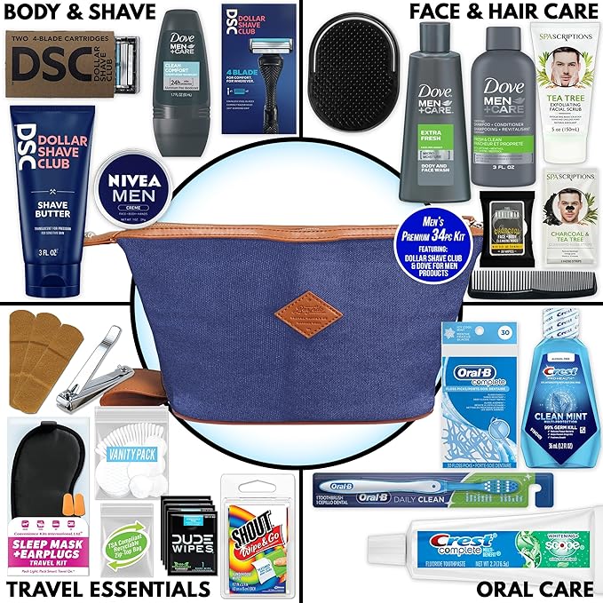 Convenience Kits International Men’s Super Premium 34 PC Travel Kit Featuring: Travel-Size Hair Care Products Plus Face, Body, Oral Care, Travel Essentials in Large Canvas Toiletry Bag (Navy)