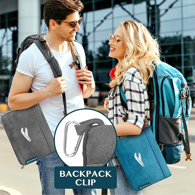 PAVILIA Travel Blanket Pillow, Airplane Blanket Set in Soft Bag with Pockets, Plane Blanket Compact Packable, Flight Essentials Car Pillow, Travelers Accessories Gifts, Luggage Strap, Gray