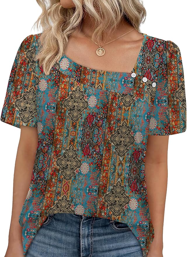 WIHOLL Womens Summer Tops Short Sleeve Shirts Square Neck Spring Outfits 2026 Fashion Clothing Blouses