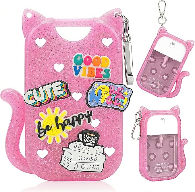 Cat Silicone Case for Touchland Hand Sanitizer Spray, Hand Sanitizer Holder Keychain with 4 Cute Charms for Touch Land Mist 1FL. OZ