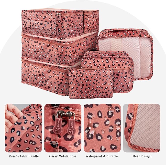 Vercord 7 Set Travel Packing Organizers Cubes Luggage Suitcase Organizer Bags Clothes Underwear Cube Shoe Pouch Pack Pink Leopard