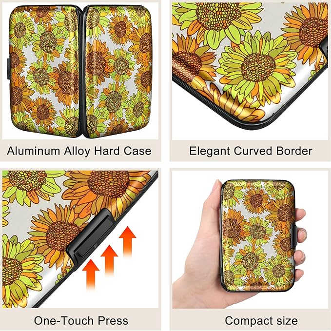 ELFISH Mini RFID Aluminum Wallet Credit Cards Holder Business Card Case Metal ID Case for Men Women(Sunflowers)