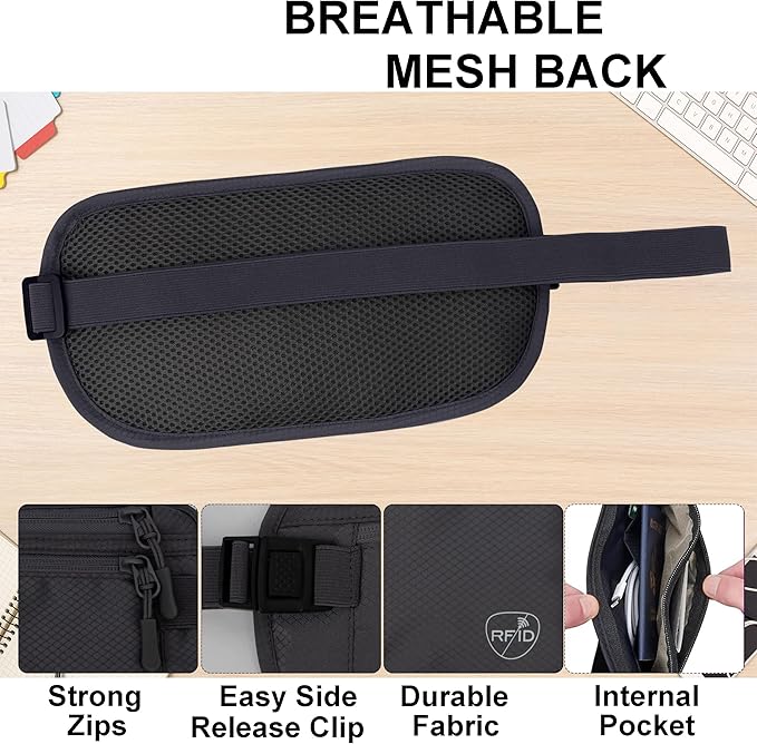 SUPACOOL Money Belt, Hidden Travel Wallet for Passport, RFID Blocking Passport Pouch, Undercover Fanny Pack(Grey)