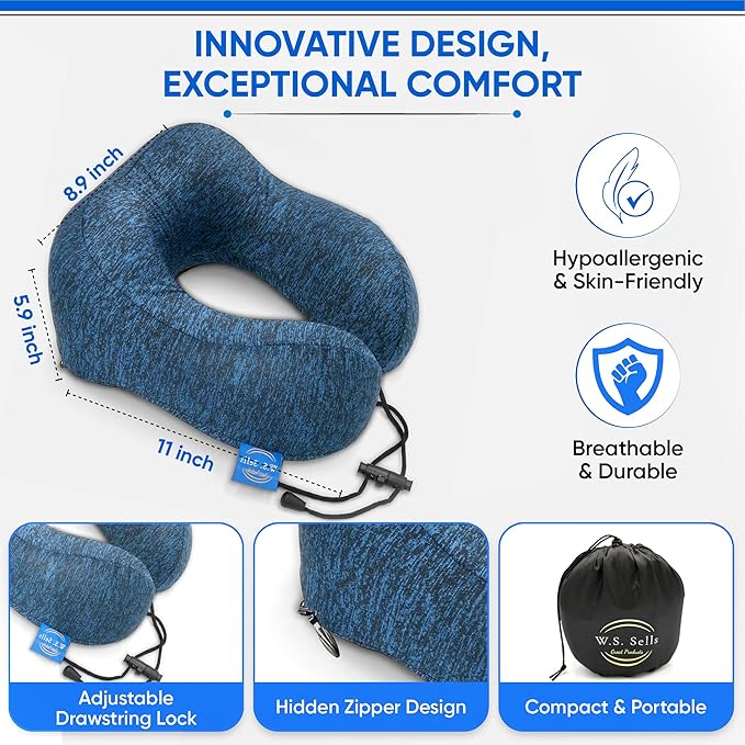 W.S. Sells Travel Neck Pillows for Airplanes - Pure Memory Foam with Ergonomic Design & Breathable Fabric - Travel Pillows for Airplanes & Cars - Set of Travel Essentials with Sleep Mask & Ear Plugs