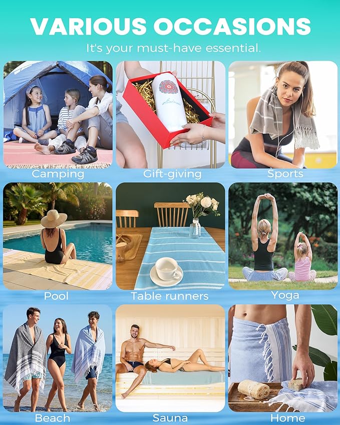 Antfuny Turkish Beach Towels Vacation Essentials Quick Dry Sand Free Soft Extra Large XL Big Blanket Adult Bath Pool Swim Towel Lightweight Thin Sandless Fast Drying No Sand Packable Foldable Blue