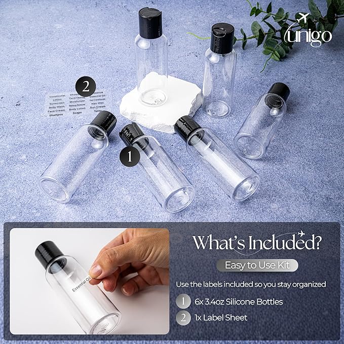 Travel Bottles Set for Toiletries - Leakproof Refillable Travel Size Containers, TSA Approved Bottles with Labels for Carry-On Travel (100ml)