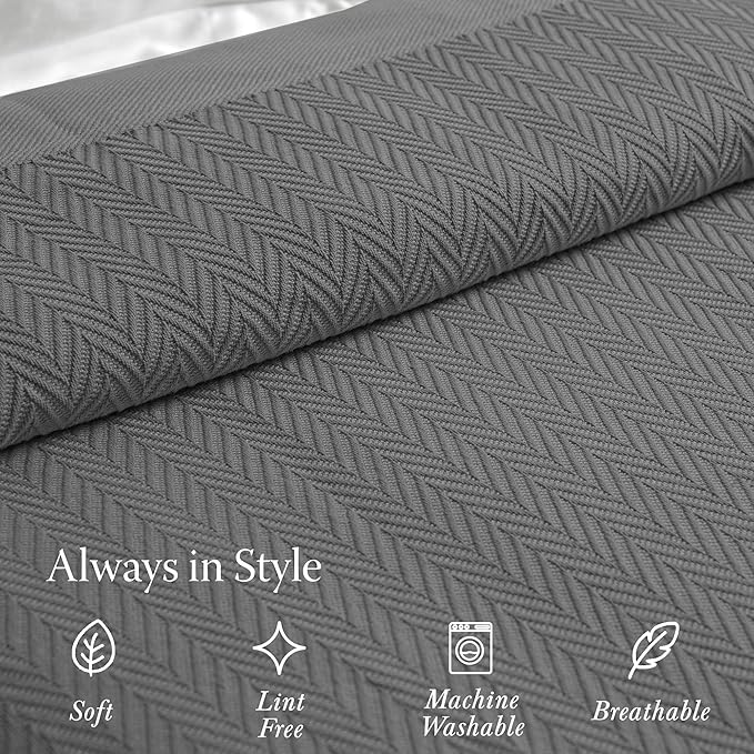 Threadmill Luxury Cotton Blankets for King Size Bed | All-Season Cozy 100% Cotton King Size Blanket | Herringbone Soft Fall Thermal Blanket fits California King Size Bed | Dark Grey