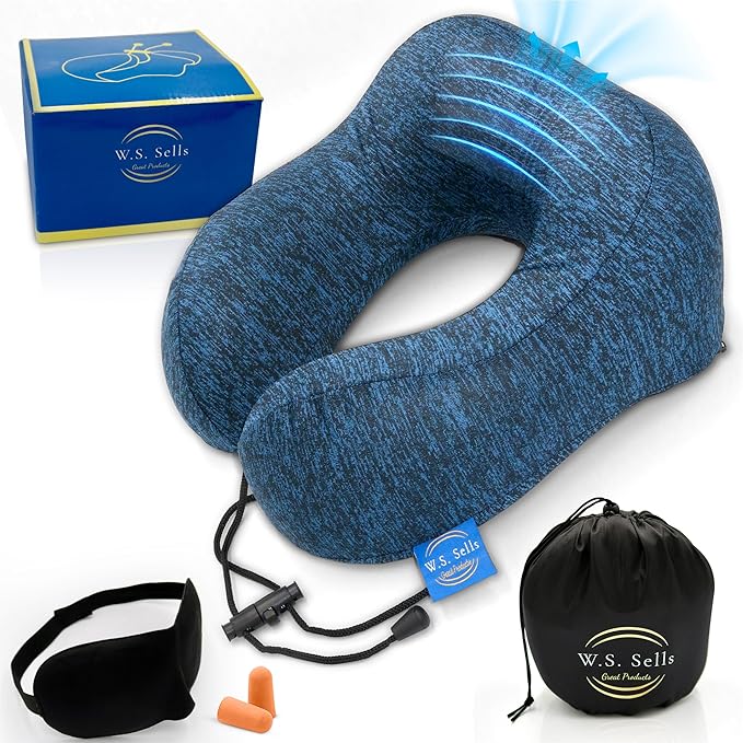 W.S. Sells Travel Neck Pillows for Airplanes - Pure Memory Foam with Ergonomic Design & Breathable Fabric - Travel Pillows for Airplanes & Cars - Set of Travel Essentials with Sleep Mask & Ear Plugs