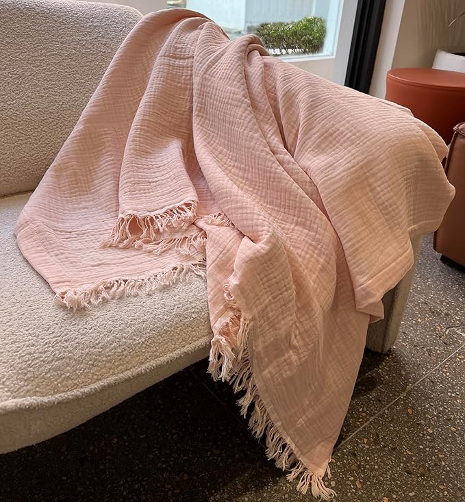 KyraHome 100% Organic Cotton Muslin Throw Blankets for Couch, Girls, Adults, 50"x60", Pre-Washed Plant Dyed, Breathable Lightweight Summer Throw Blanket, All Season (Soft Pink)