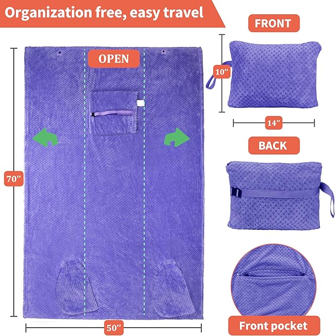Tirrinia Travel Blanket Compact with Bag, Soft Lightweight Wearable Blanket with Foot Pockets, Airplane Travel Essential Gift