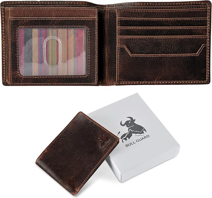 BULL GUARD RFID Blocking Bifold Wallets for Men with 2 ID Windows and 10 Credit Cards Slots Premium Security Full Grain Leather High Capacity Credit Card Wallet