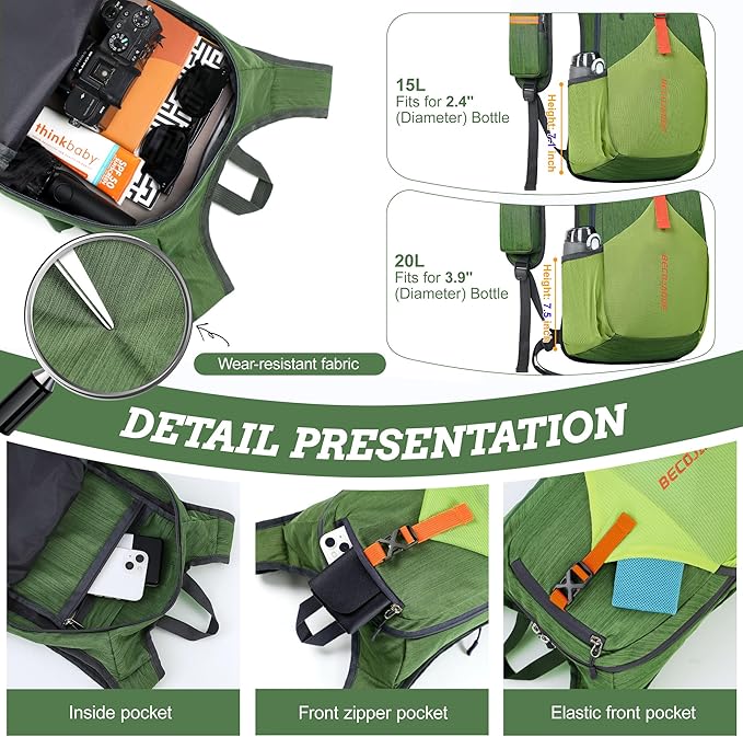 BECOJADDE 15L Small Hiking Backpack for Men Women Foldable Packable Back Pack Ultralight Hiking Daypack for Travel Camping Outdoor, Olive Green