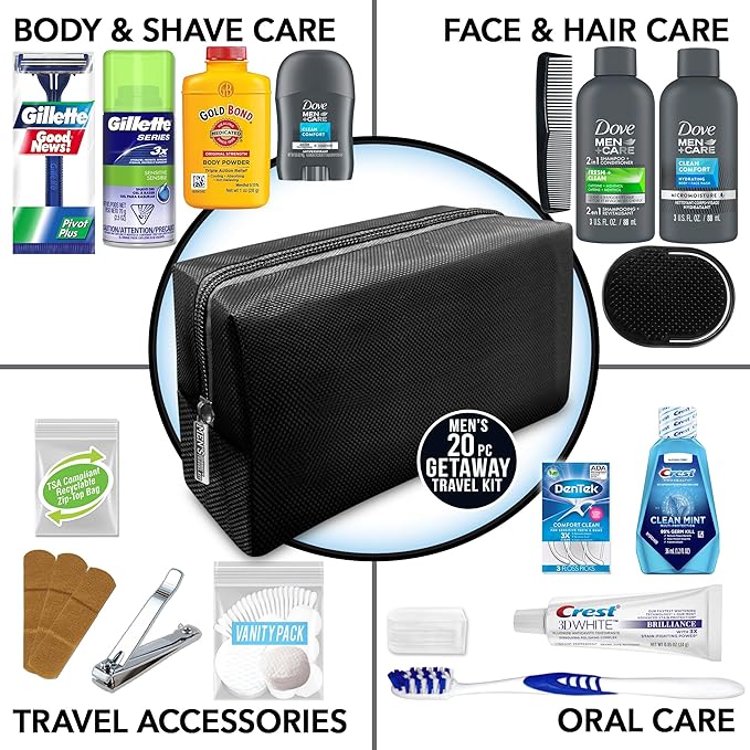 Convenience Kits International Men’s Premium 20-Piece Kit with Travel Size TSA Compliant Essentials, Featuring: Dove Men & Care Products in Black Dopp Bag