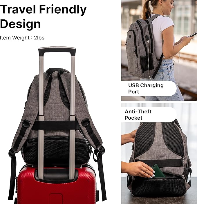 (Not Made In China) Travel Laptop Backpack, Anti-Theft Pocket, Slim Bookbag For College School Business, Holds 15.6 Inch Computer, USB Charging Port