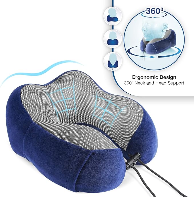 Cloudz Tech Memory Foam Travel Neck Pillow with Blackout Sleep Mask and Ear Plugs - Blue