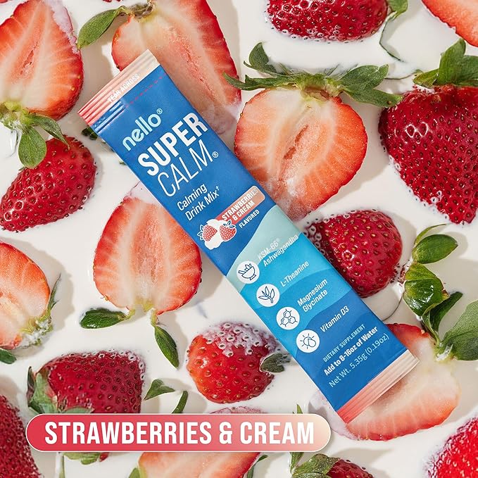 Nello Supercalm Powdered Drink Mix, Cortisol Reducer*, Sleep Aid Supplement, L Theanine, Ksm-66 Ashwagandha, Magnesium Glycinate, Vitamin D 3, No Sugar, Non GMO, 20 Ct, Strawberries & Cream