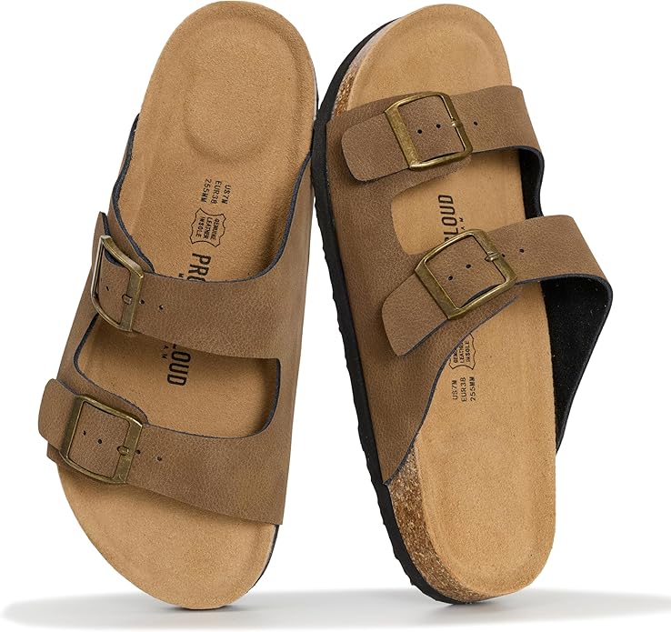Project Cloud 100% Genuine Leather Flat Sandals For Women 2026 Cork Footbed Womens Sandals with Memory Foam and arch support Vacation Essentials Slides for Women Footwear (Venita)