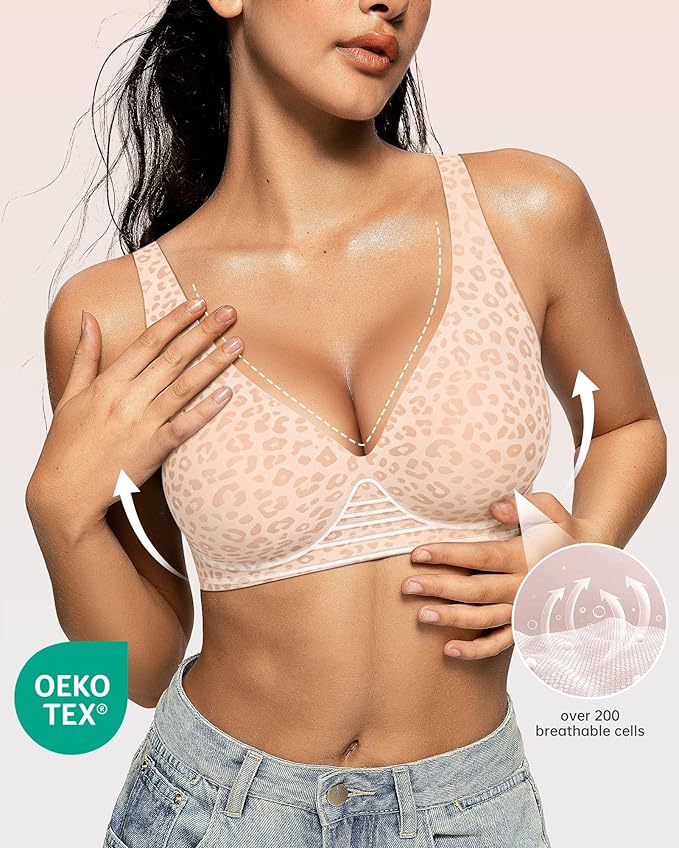 OEAK Womens Deep V Bras Wireless Comfortable Bra Supportive No Underwire Bras Tshirt Push Up Bralettes Plunge Seamless Bra