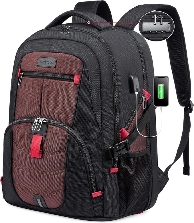 LOVEVOOK Travel Backpack for Men 17inch Large Work Backpack for Men Large Capacity Lockable Mochilas para Hombres Waterproof Computer Backpack for Work Business Travel College (17 inch,Black&Brown)