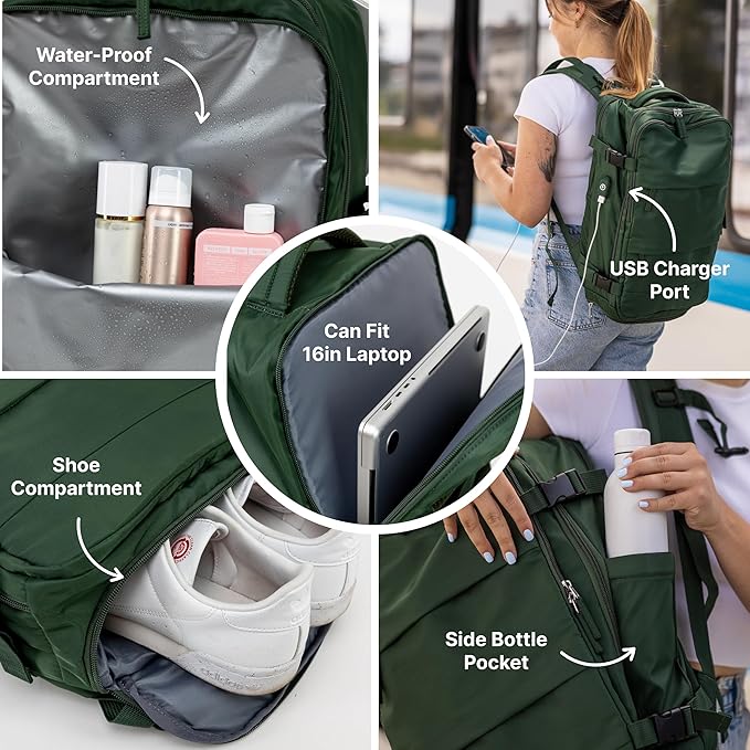 Carrywell (Not Made In China) Travel Backpack Airline Approved, Carry-On Underseat, Holds 15.6 or 16 Inch Laptop, Personal Item Bag with Shoe Compartment For Men Women, Green 30l