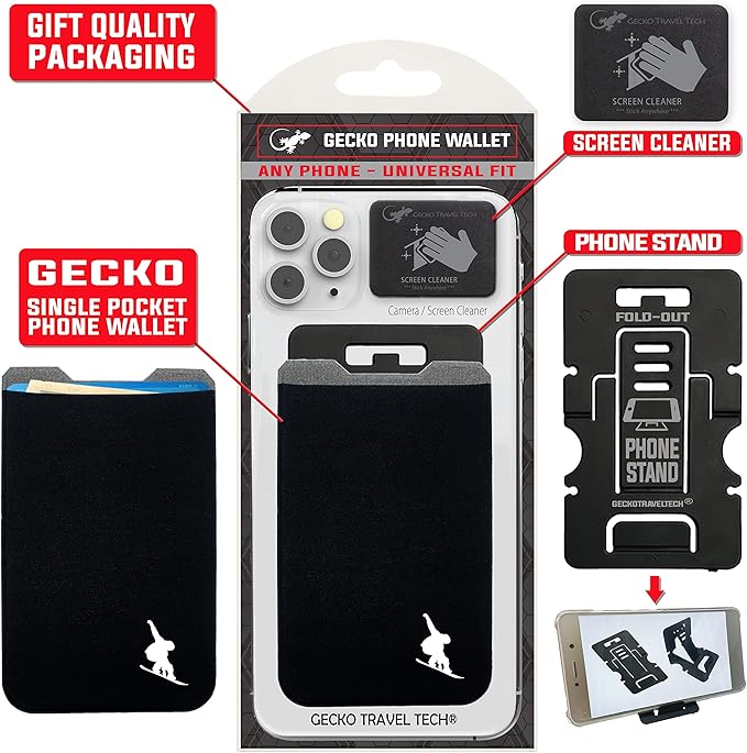 Phone Wallet - Adhesive Card Holder - Cell Phone Pouch - Stick on Lycra Pocket by Gecko - Carry Credit Cards and Cash