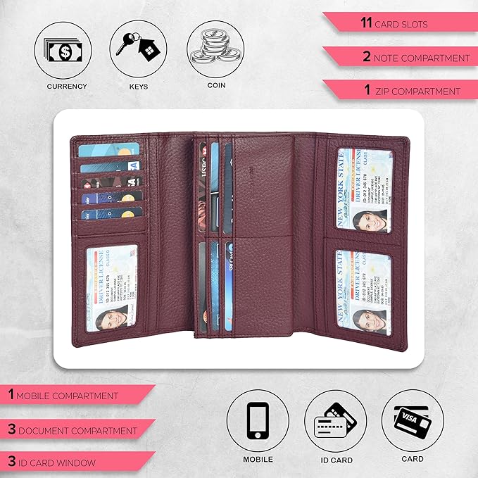 Real Leather Women Wallet Leather with RFID Blocking -Trifold Card Holder Designer Ladies Clutch with ID Window Wallets
