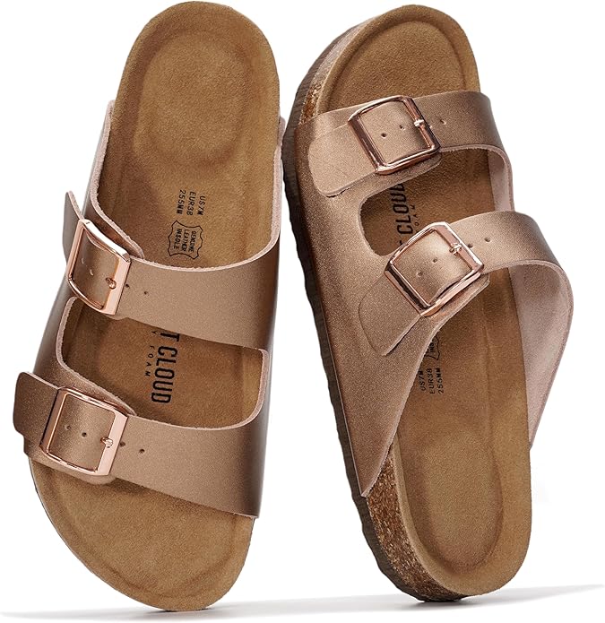 Project Cloud 100% Genuine Leather Flat Sandals For Women 2026 Cork Footbed Womens Sandals with Memory Foam and arch support Vacation Essentials Slides for Women Footwear (Venita)
