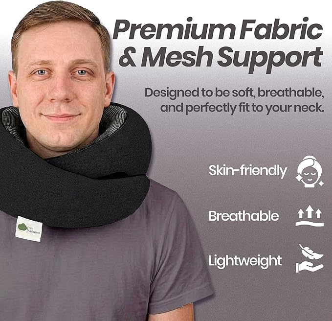 Travel Neck Pillow 100% Memory Foam, Ergonomic 360° Support Pillow for Flights, Car, Office & Train, Breathable Travel Essentials for Adults & Kids, Neck Pain Relief, (BLACK)