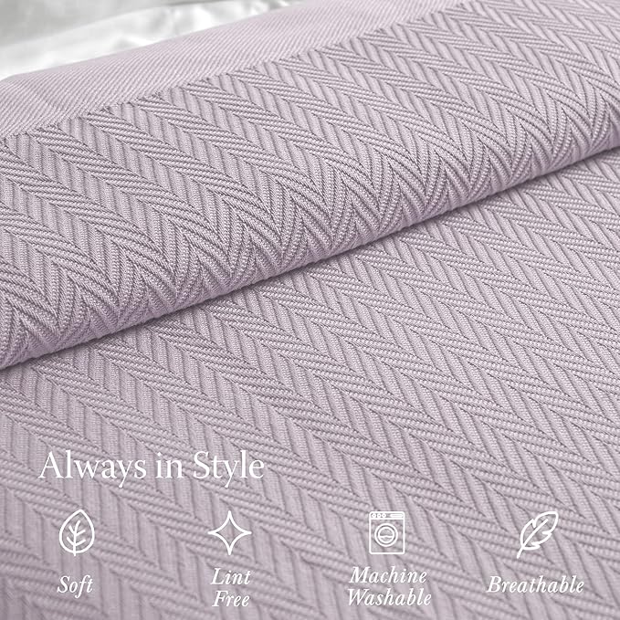 Threadmill Luxury Cotton Blankets for King Size Bed | All-Season Cozy 100% Cotton King Size Blanket | Herringbone Soft Fall Thermal Blanket fits California King Size Bed, 106x92 | Lilac