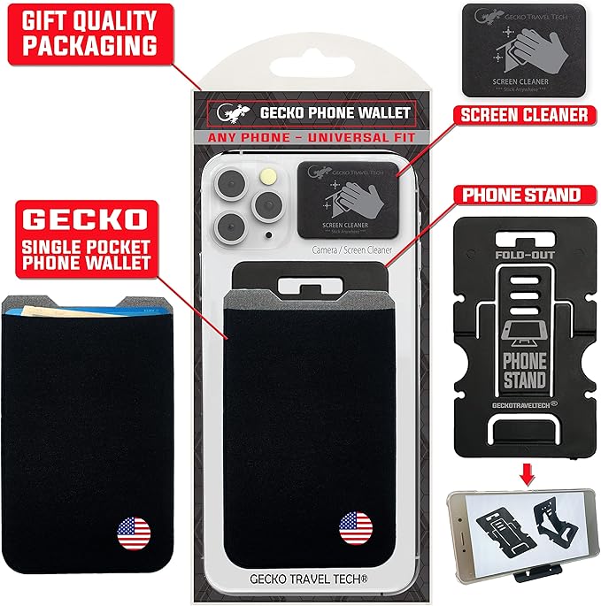 Phone Wallet - Adhesive Card Holder - Cell Phone Pouch - Stick on Lycra Pocket by Gecko - Carry Credit Cards and Cash