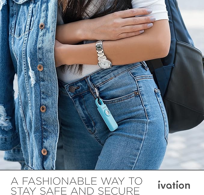 Ivation Personal SOS Alarm Keychain | Self-Defense Safety Siren & LED Panic Strobe Light with Carabiner Clip for Women, Children & Seniors | Pocket Size, Loud 125 dB Sound, Air Travel Friendly