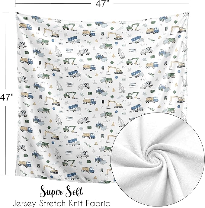 Sweet Jojo Designs Construction Truck Boy Baby Swaddle Blanket Infant Newborn Lightweight Jersey Stretchy Receiving Security Stroller Cover Grey Blue Green Transportation Zone Vehicles Yellow Black