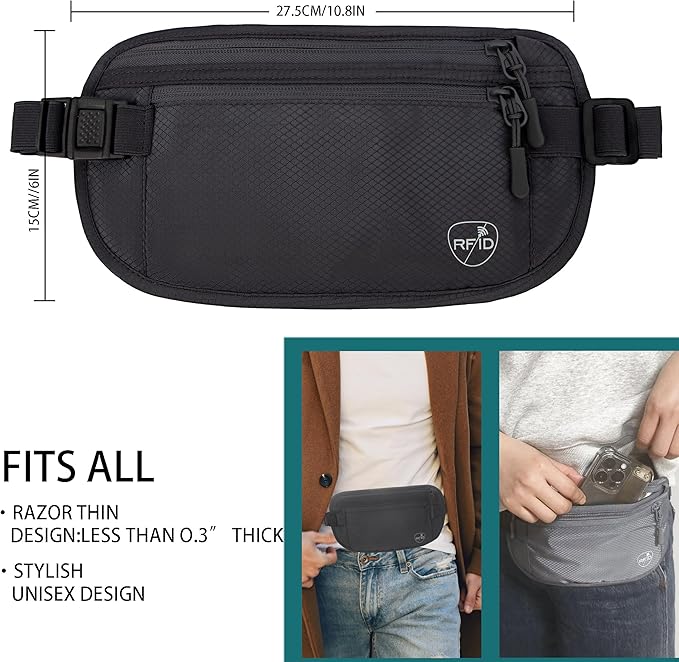 SUPACOOL Money Belt, Hidden Travel Wallet for Passport, RFID Blocking Passport Pouch, Passport Holder for Travel, Undercover Fanny Pack(Black)