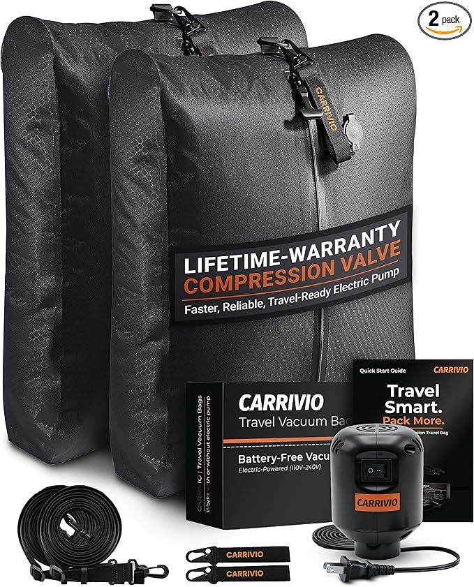 Vacuum Seal Bags for Clothing Travel - Lifetime Valve Warranty, Waterproof - Travel Vacuum Bags with Pump, Packing Cubes Compression - Pack Smarter, Save Space with Plug-In Power (Large, 2 Count)