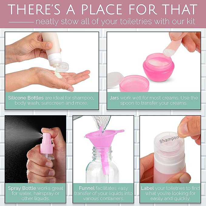 Travel Size Toiletry Bottles, Kit of 16 - TSA Approved Toiletries Essentials for Flying - Must Haves for Women - Silicone Containers, Squeeze Bottles and Accessories for Shampoo, Conditioner, Liquids