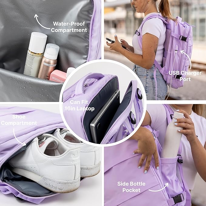 Carrywell (Not Made In China) Travel Backpack Airline Approved, Carry-On Underseat, Holds 15.6 or 16 Inch Laptop, Personal Item Bag with Shoe Compartment For Men Women, Lavender 30l