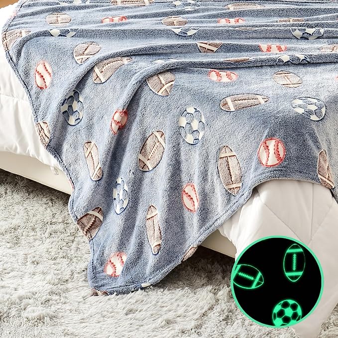 Wajade Sports Balls Gifts Toys for Boys Girls - Glow in The Dark Sports Balls Blanket Birthday Christmas Decor for Kids Age 3 4 5 6 7 8 9 10 11 12 Years Old Teens Child Throw Light Grey 50"x60"