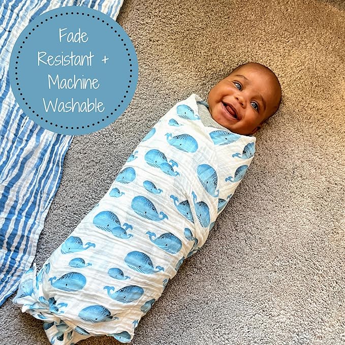 LollyBanks Muslin Swaddle Blanket, 100% Muslin Cotton Swaddles for Baby Boys Breathable and Lightweight, 47 X 47 Inches Newborn Receiving Blanket for Boys, Baby Essential, Registry (Whale Print)