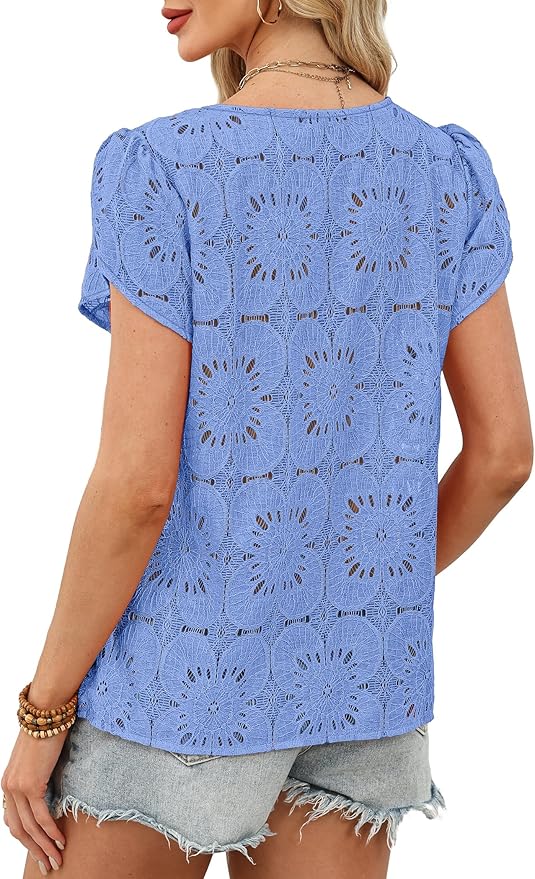 OFEEFAN Blouses for Women Dressy Casual Petal Short Sleeve Shirts Crochet Lace Boho Tops Spring Fashion Summer Outfits