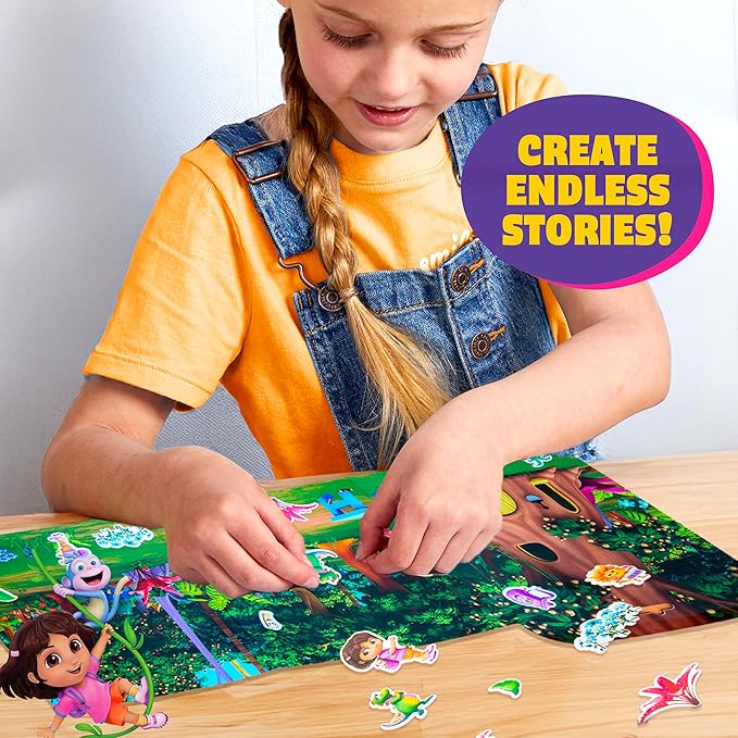 Dora Puffy Sticker Playset, 35 Reusable Stickers and 2 Play Scenes, Fun Kids Activities, Toddler Toys, Road Trip Essentials, Gifts for 4 Year Old Girl, Mess Free Airplane Toy for Little Ones