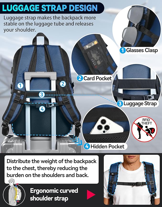 ProEtrade Travel Backpack, Extra Large Laptop Backpack School Business Anti Theft TSA Approved College Work Computer Bag Fits 17 Inch Laptop with USB Charging Port Bookbag for Women Men(Blue)