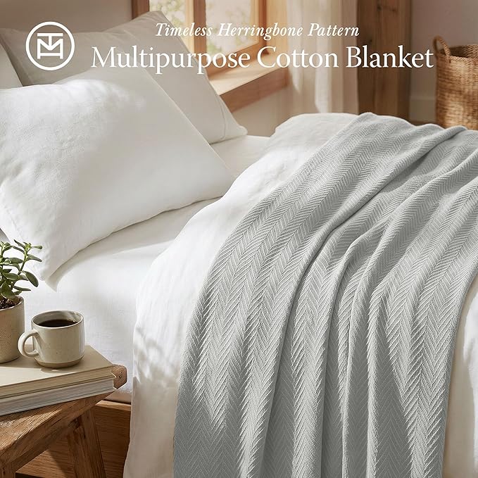 Threadmill Luxury Cotton Blankets for Queen Size Bed | All-Season 100% Cotton Queen Size Blanket | Herringbone Cozy, Soft Breathable Fall Thermal Blanket fits Full Size Bed | Light Grey