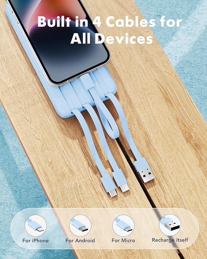 Charmast Portable Charger with Built in Cables, Power Bank with Cords Wires, Slim 10000mAh Travel Battery Pack 6 Outputs 3 Inputs 3A Fast Charging for Samsung Google Pixel LG Moto iPhone iPad