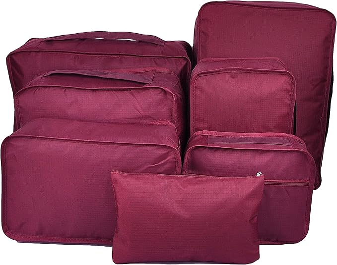 Vercord 7 Set Travel Packing Organizers Cubes Luggage Suitcase Organizer Bags Clothes Underwear Cube Shoe Pouch Pack Burgundy
