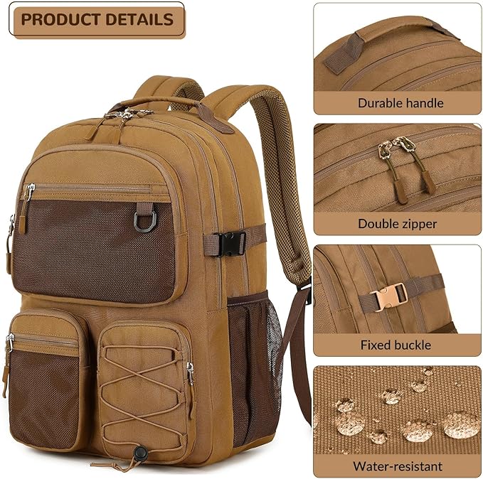 Lohol Water Resistant Backpack for School Travel College Travel, Large Bookbag with Mulitiple Pockets for Men and Women (Brown)